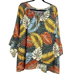143 STORY by Line Up Dark Florals Leaf Print Chiffon Blouse Ruffled Sleeves  2X